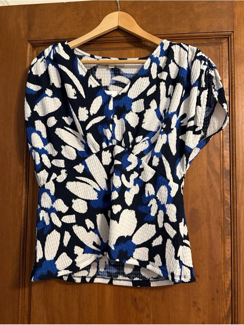 LOFT Navy, White & Royal Blue Floral V-Neck Blouse